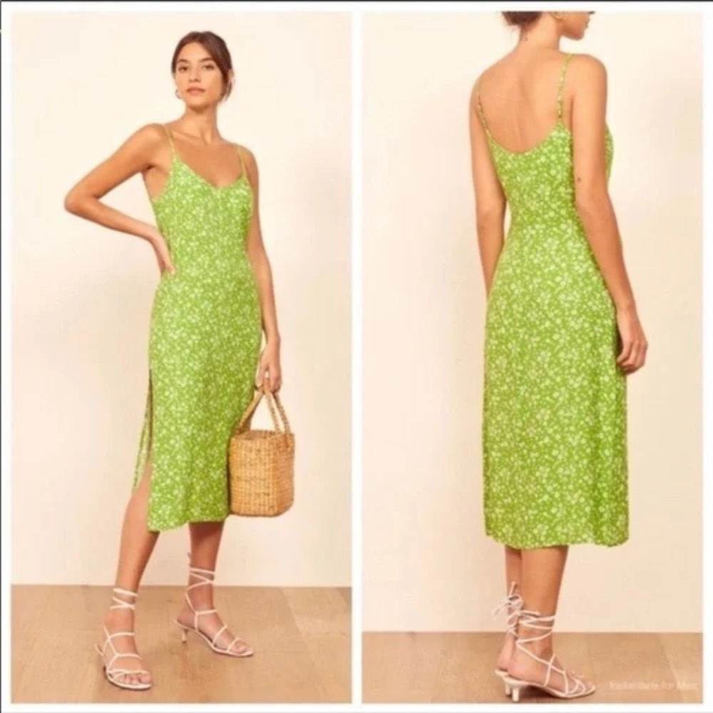 Reformation Crimini Elle Slip On Slit Midi Dress in the green floral print (105)